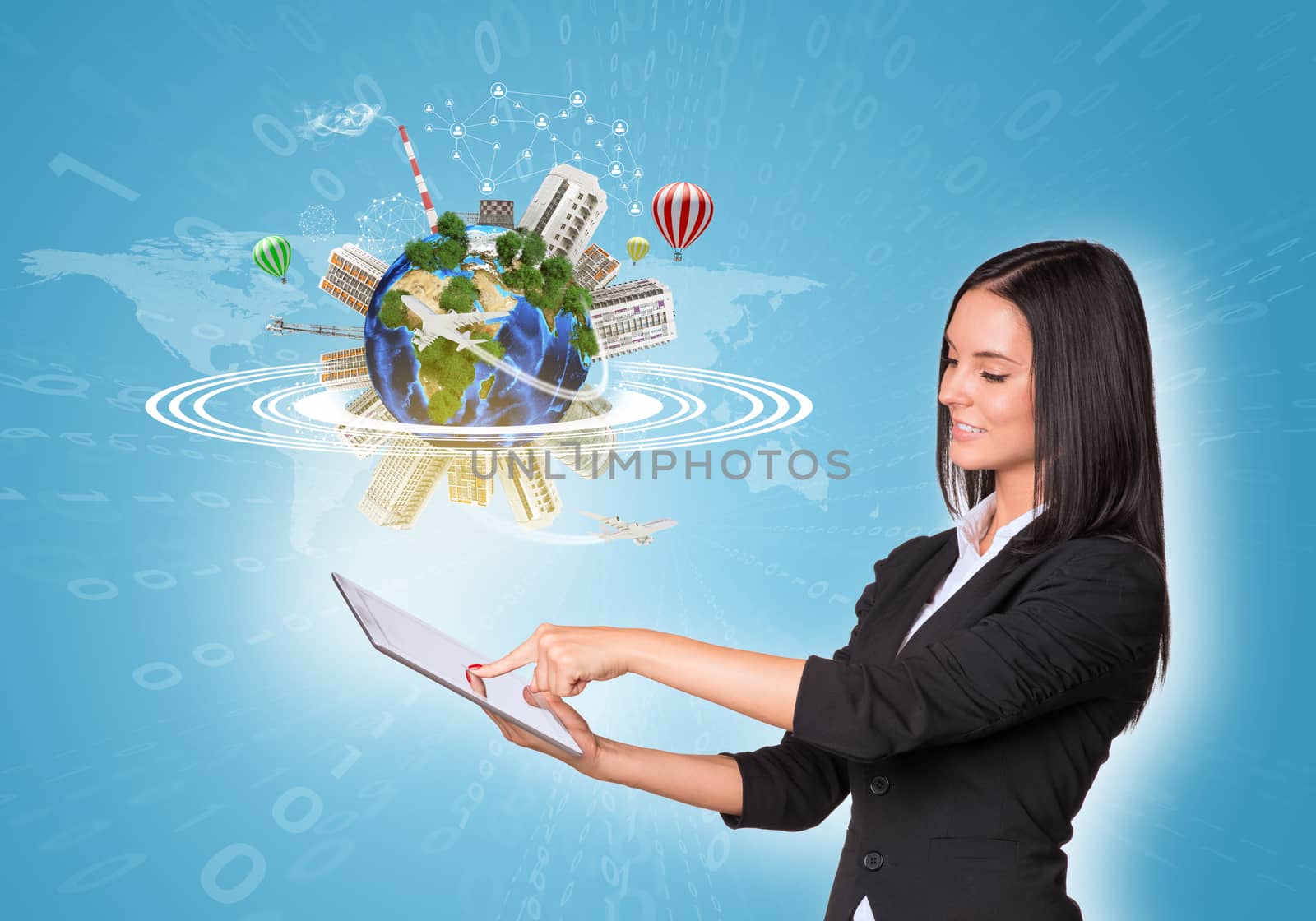 Beautiful businesswomen in suit using digital tablet. Earth with buildings, air balloons and airplanes. Element of this image furnished by NASA