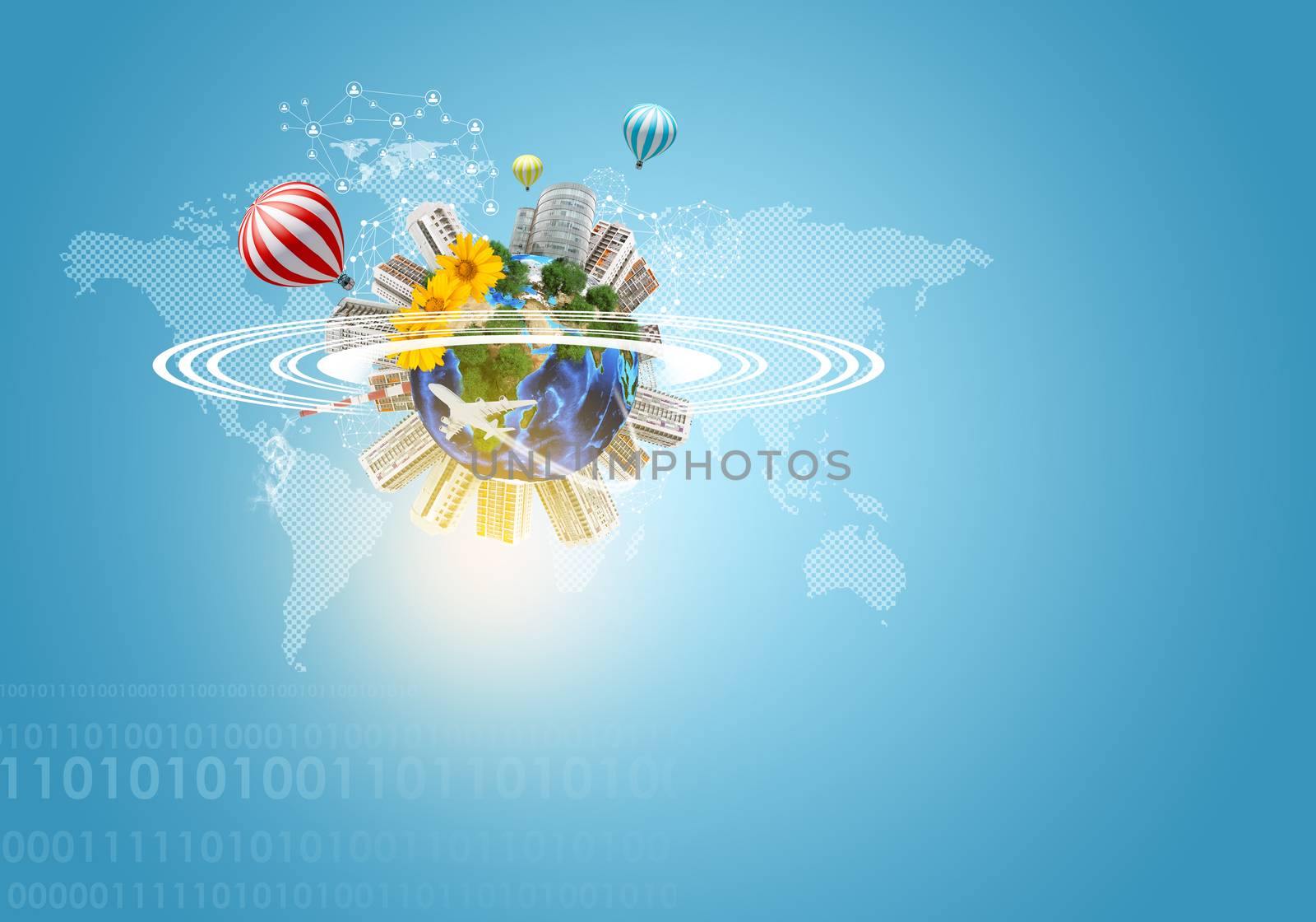 Earth with buildings, air balloons, flowers and airplane. World map and figures as backdrop. Element of this image furnished by NASA