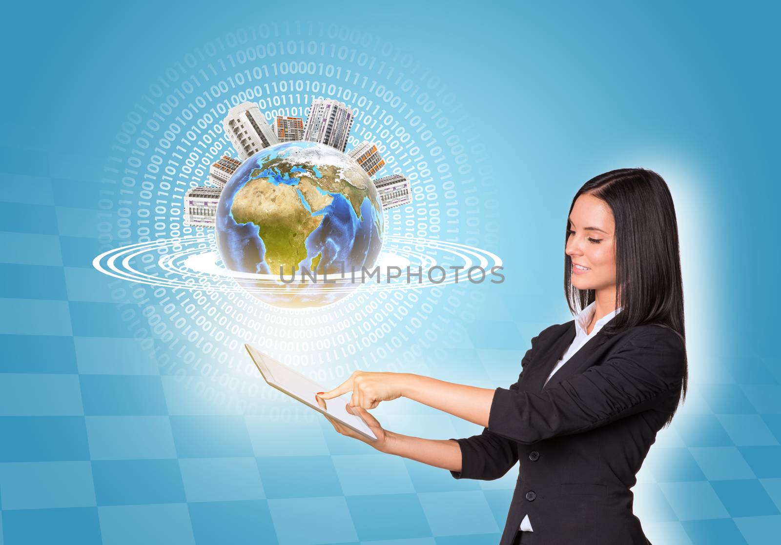 Beautiful businesswomen in suit using digital tablet. Earth with buildings. Element of this image furnished by NASA