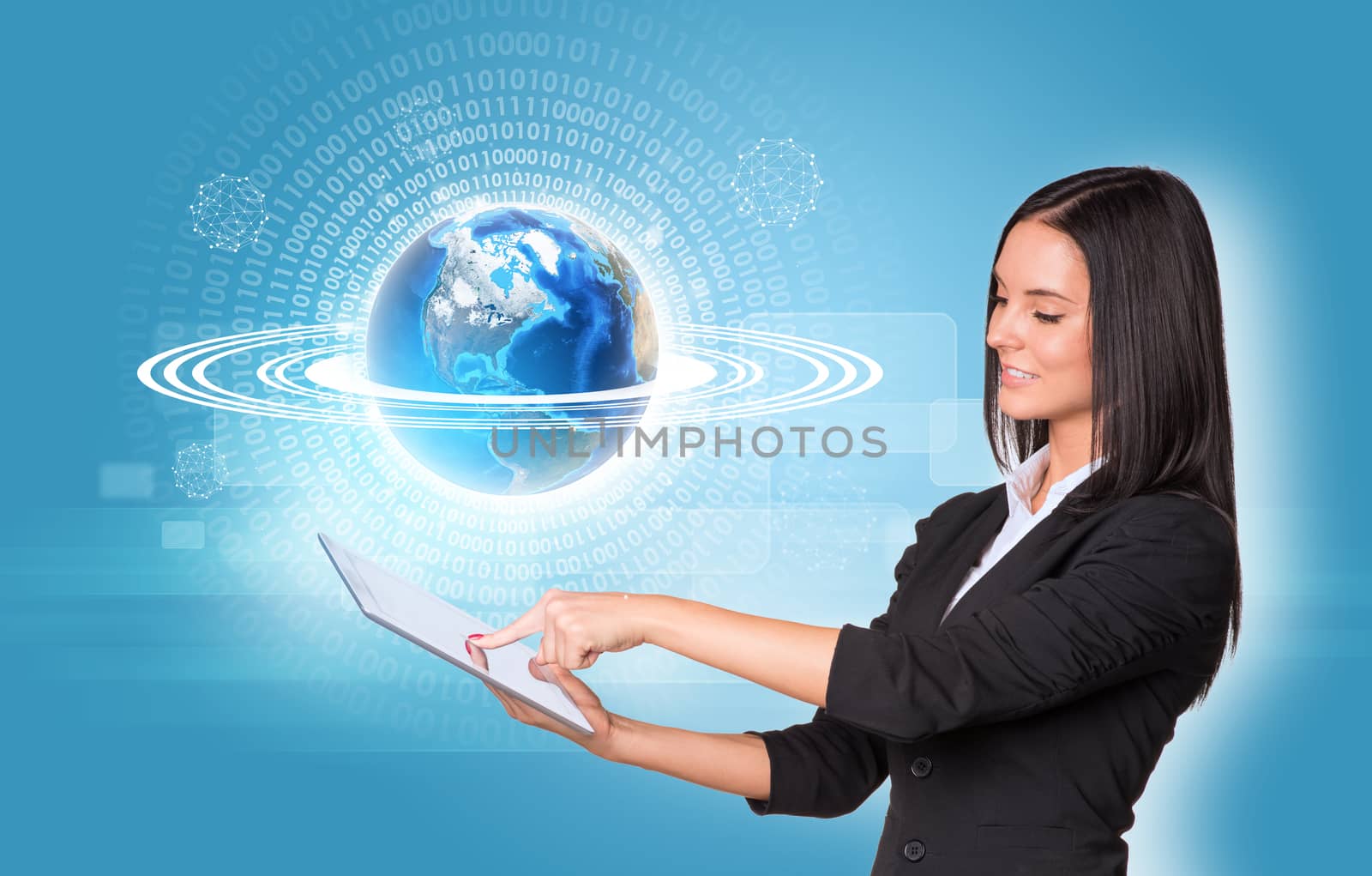 Beautiful businesswomen in suit using digital tablet. Earth with figures and transparent rectangles. Element of this image furnished by NASA