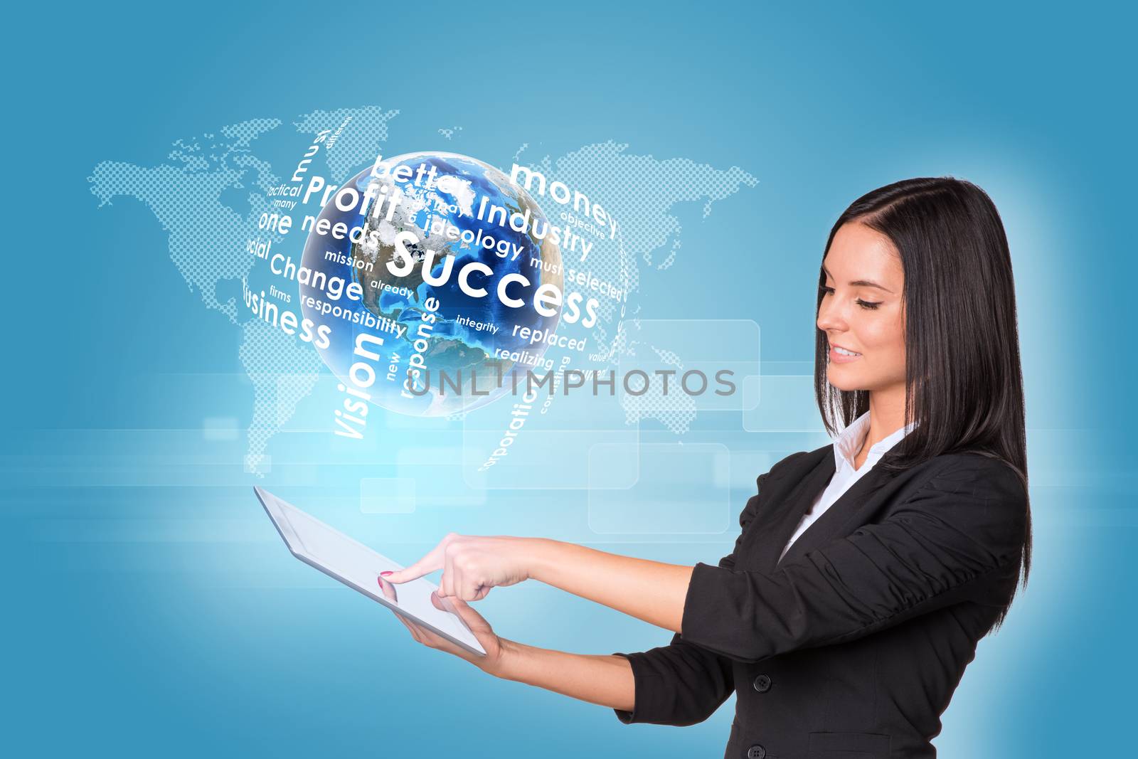 Beautiful businesswomen in suit using digital tablet. Earth with business words and world map. Element of this image furnished by NASA