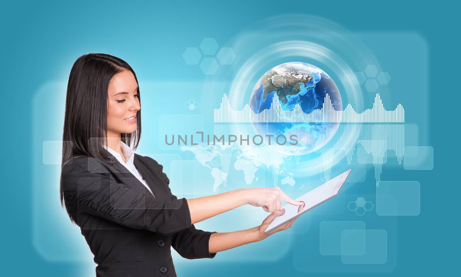 Beautiful businesswomen in suit using digital tablet. Earth with graphs, circles and rectangles. Element of this image furnished by NASA
