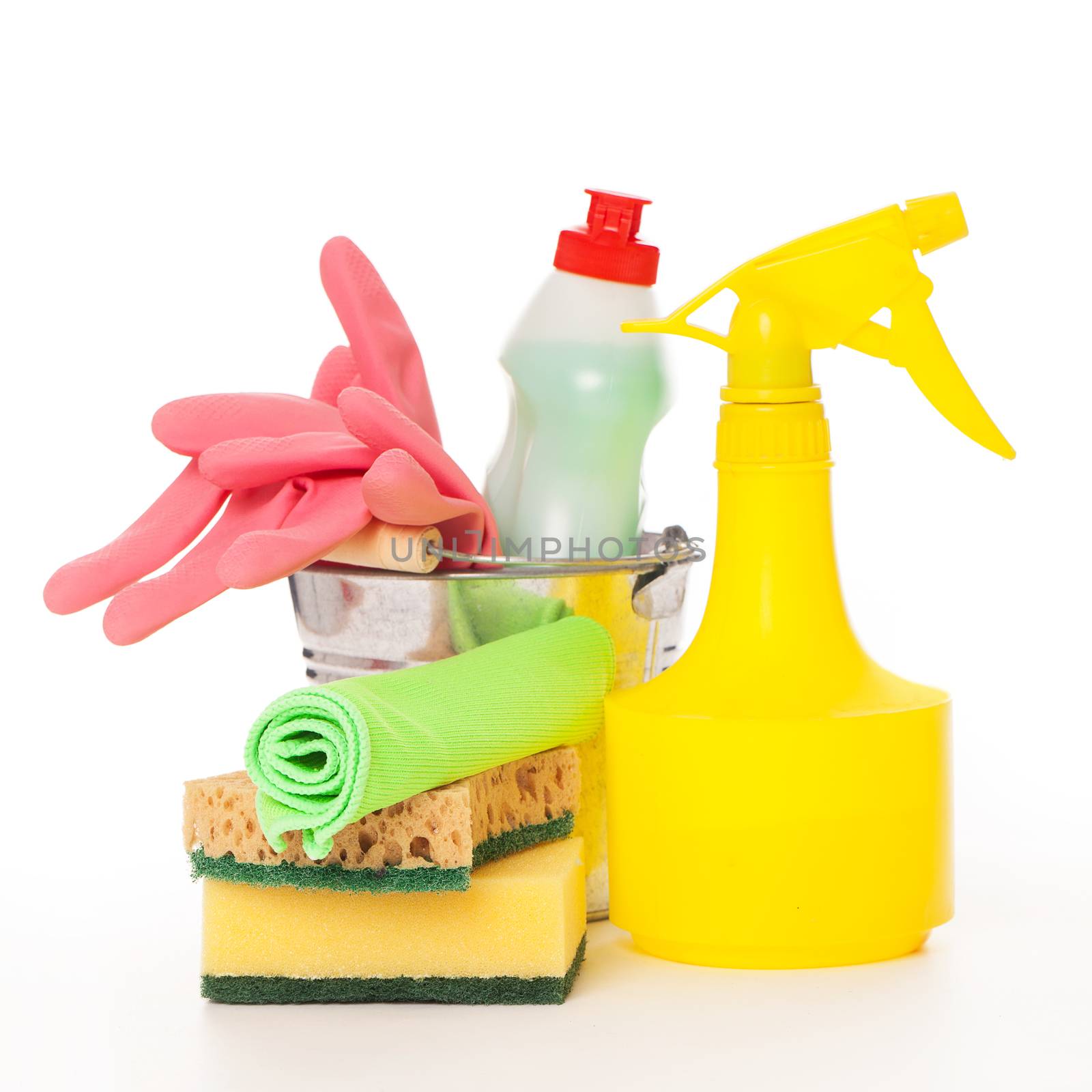 Bright colorful cleaning set isolated on a white background