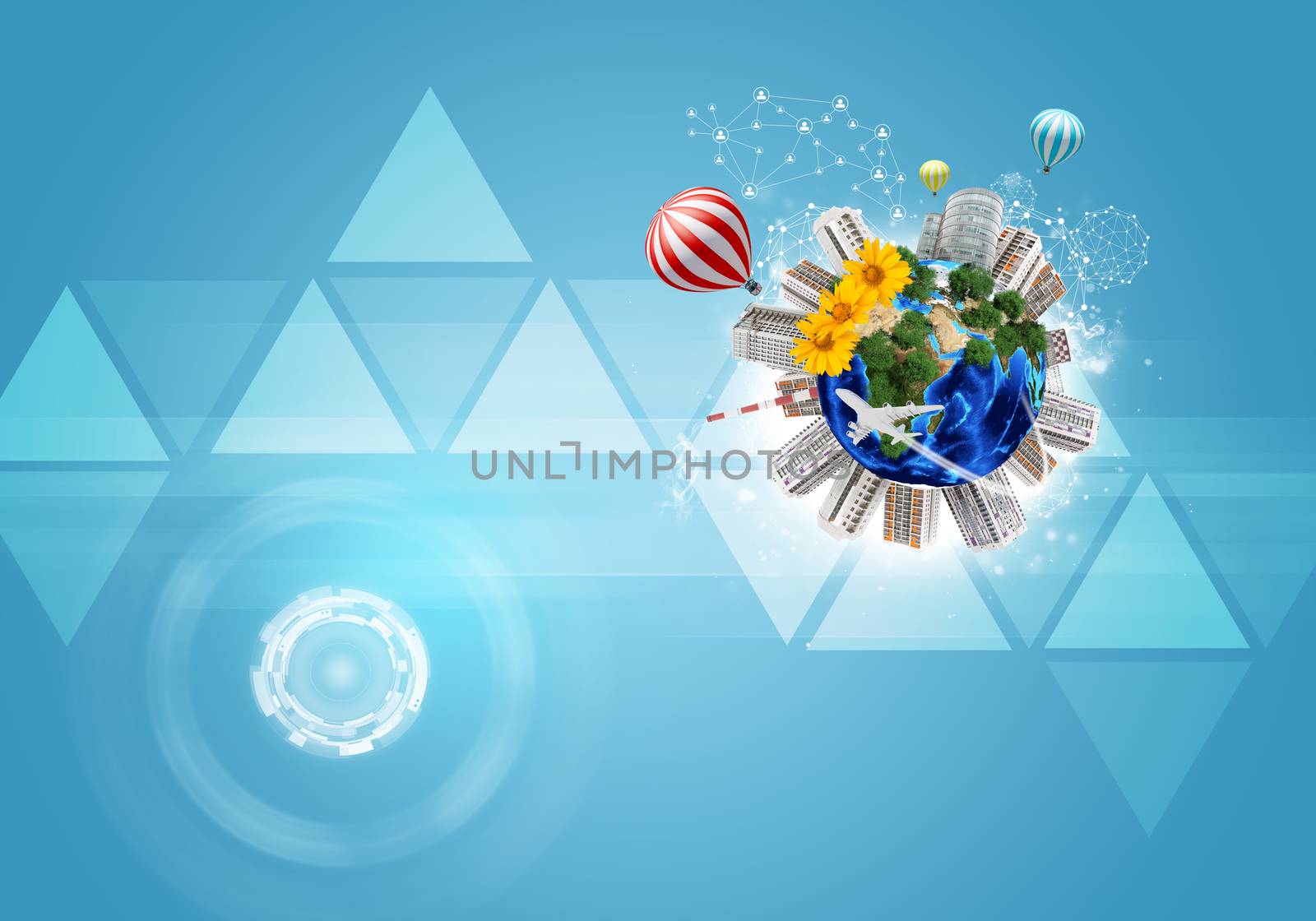 Earth with buildings, flowers, airplane and air balloons. Triangles as backdrop. Element of this image furnished by NASA