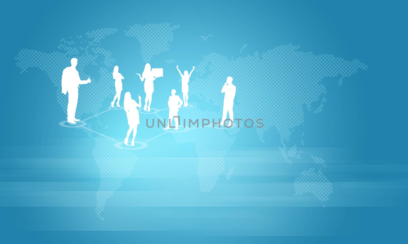 Silhouettes of business people. World map as backdrop