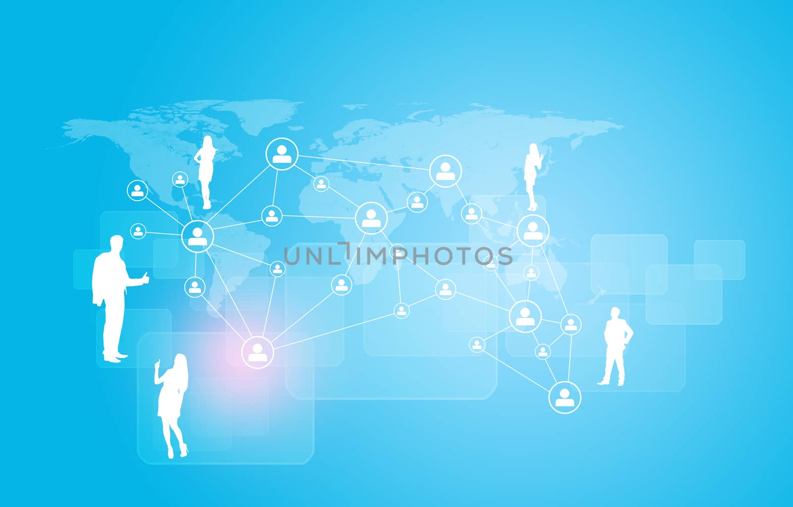 Silhouettes of business people, network and world map by cherezoff