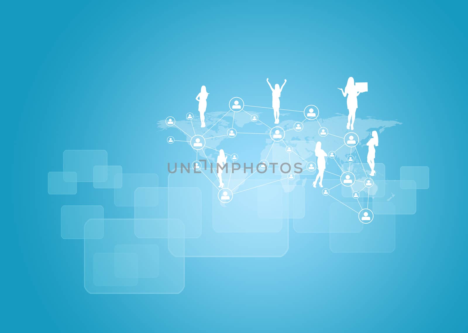 Silhouettes of business people, network and world map by cherezoff