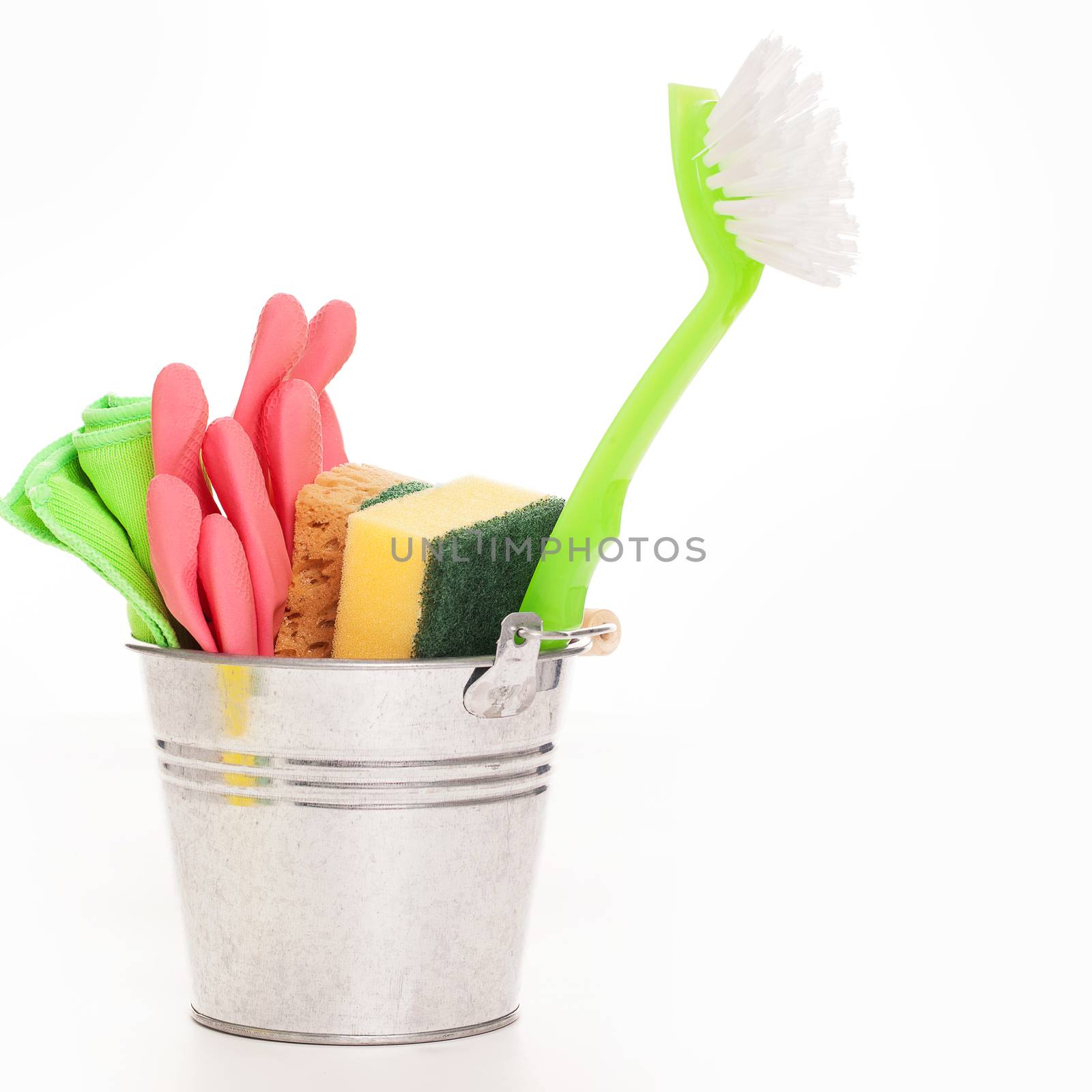 Cleaning sponges in a silver pail isolated on a white background