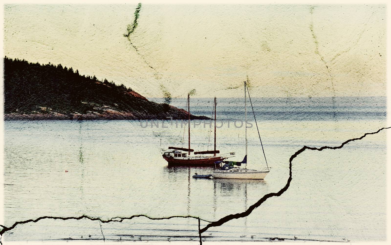 Old vintage effects on photo of sailboats, noise added