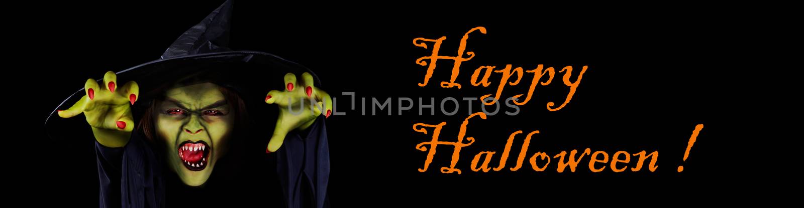 Scary wicked witch trying to catch viewer, Halloween banner