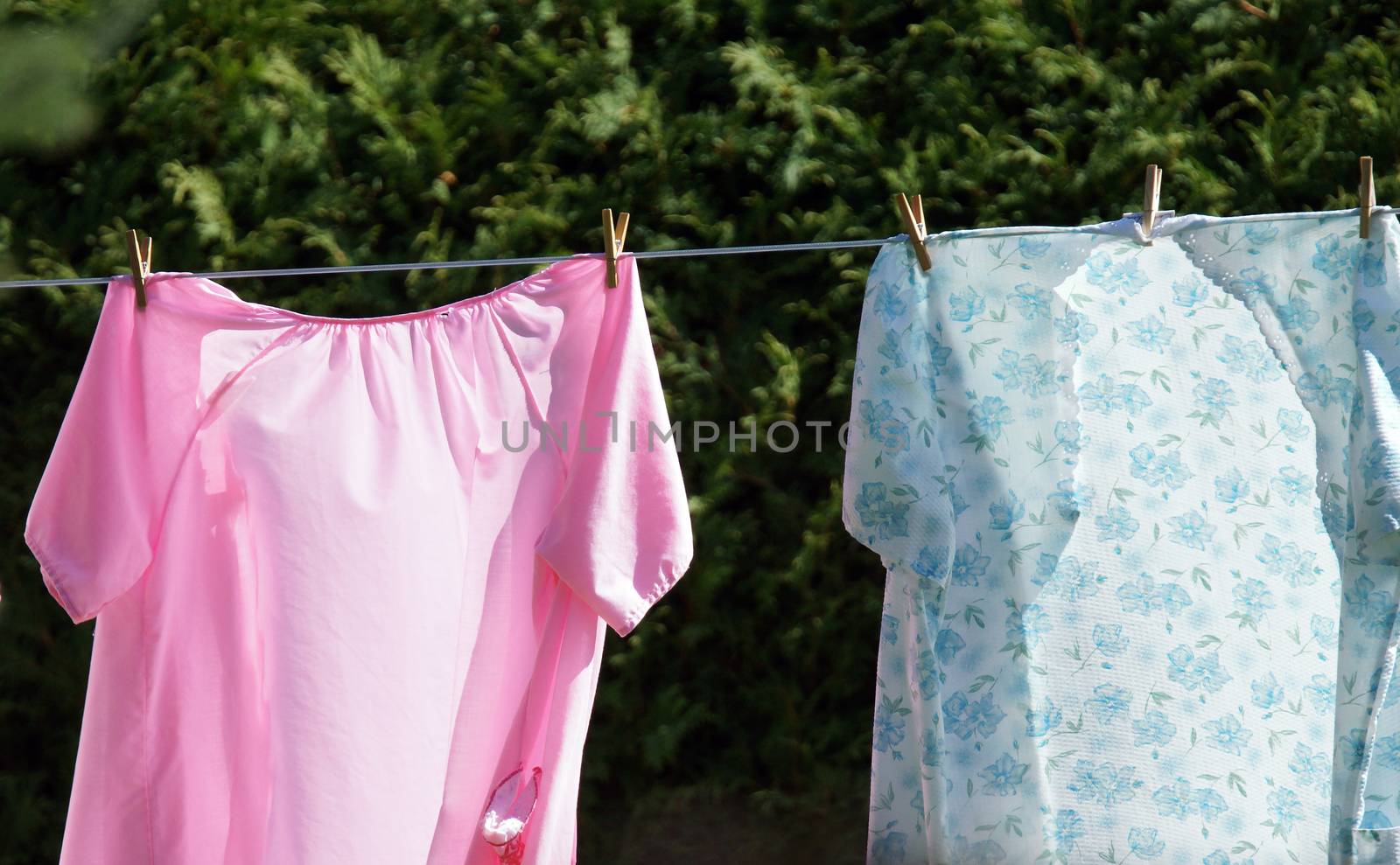 Grandmother or old lady nightgowns on a clothesline