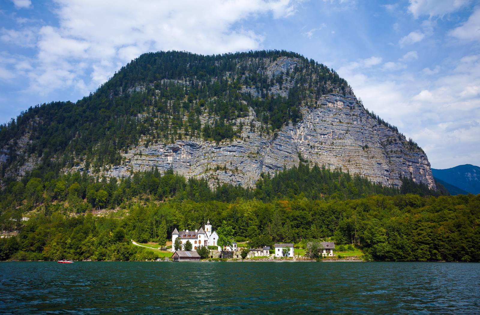 Hallstatt, Austria - August 7, 2013: Castle on Hallstatt lake shore, Austria