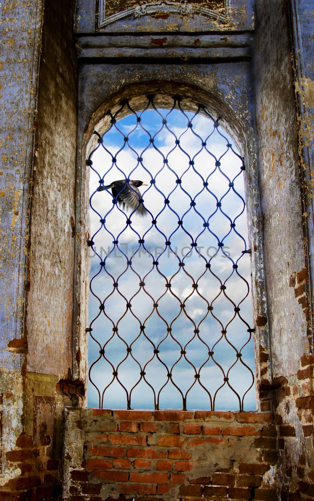 Kind from window of the old destroyed church