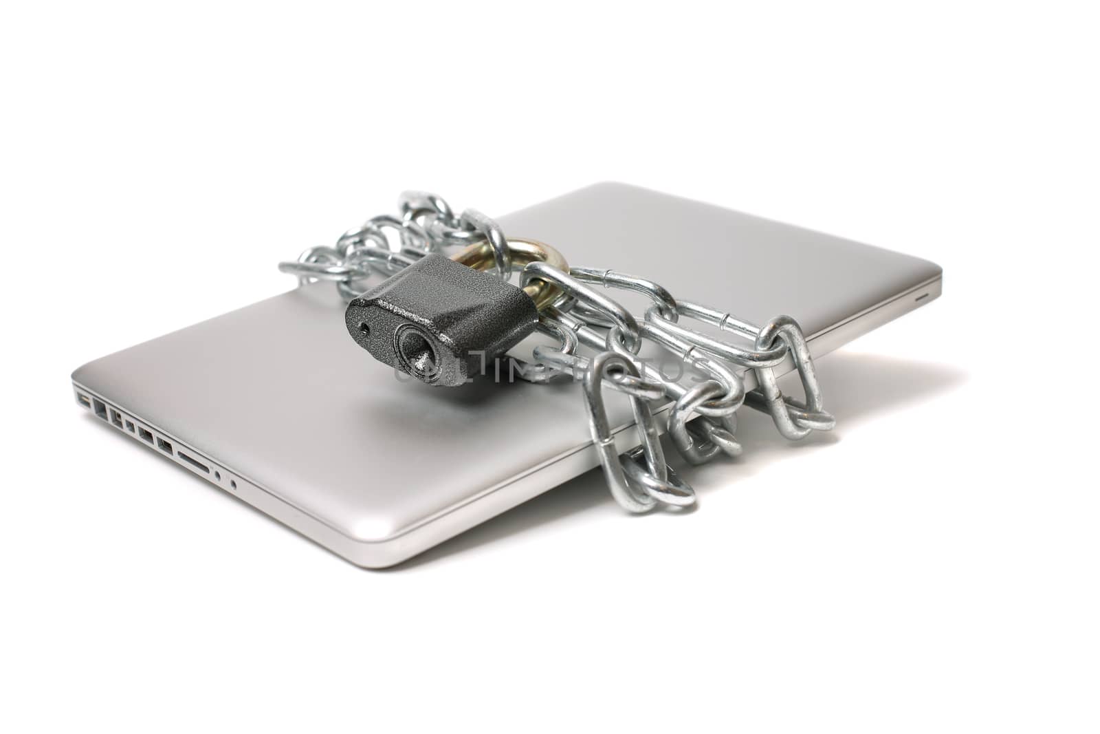 modern aluminium laptop wound with chain and closed on lock