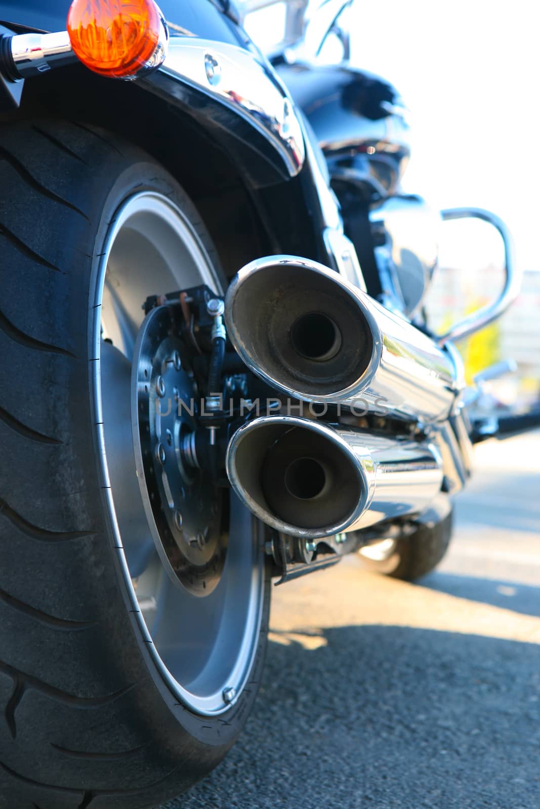 Powerful motorcycle exhaust pipes  closeup
