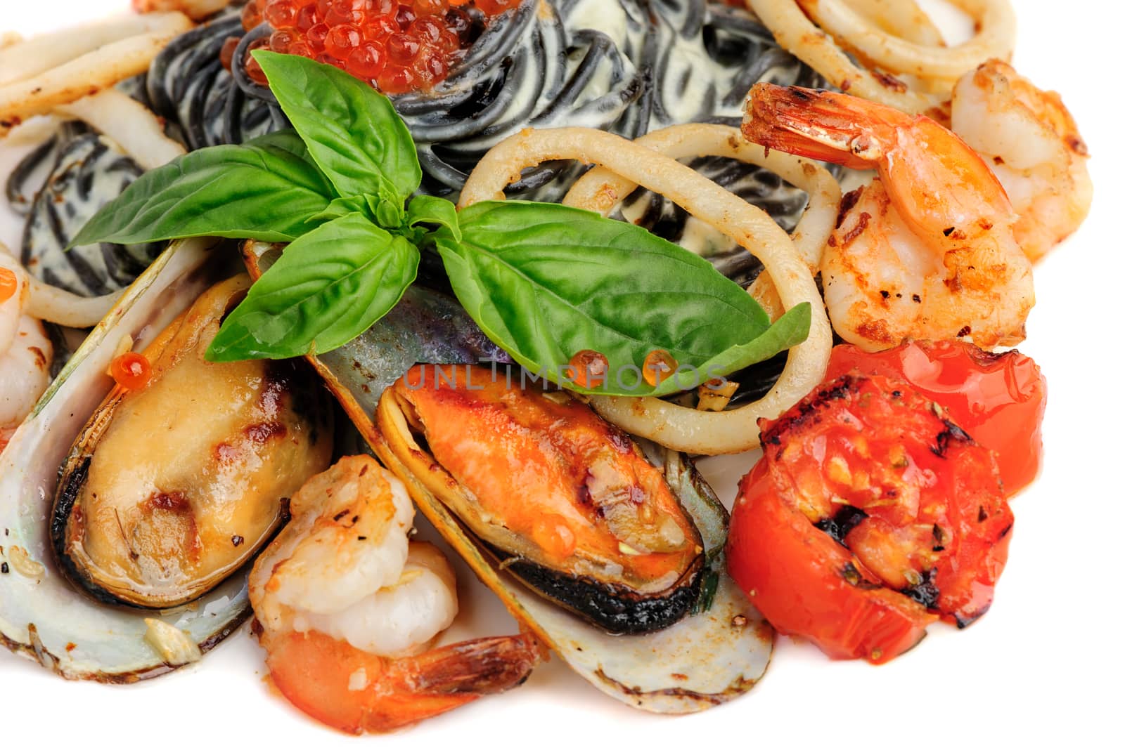 Black Pasta with Calamari Rings, Mussels, Shrimps and Basil