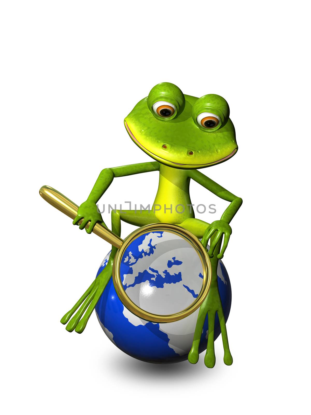 illustration frog on a globe with a magnifying glass