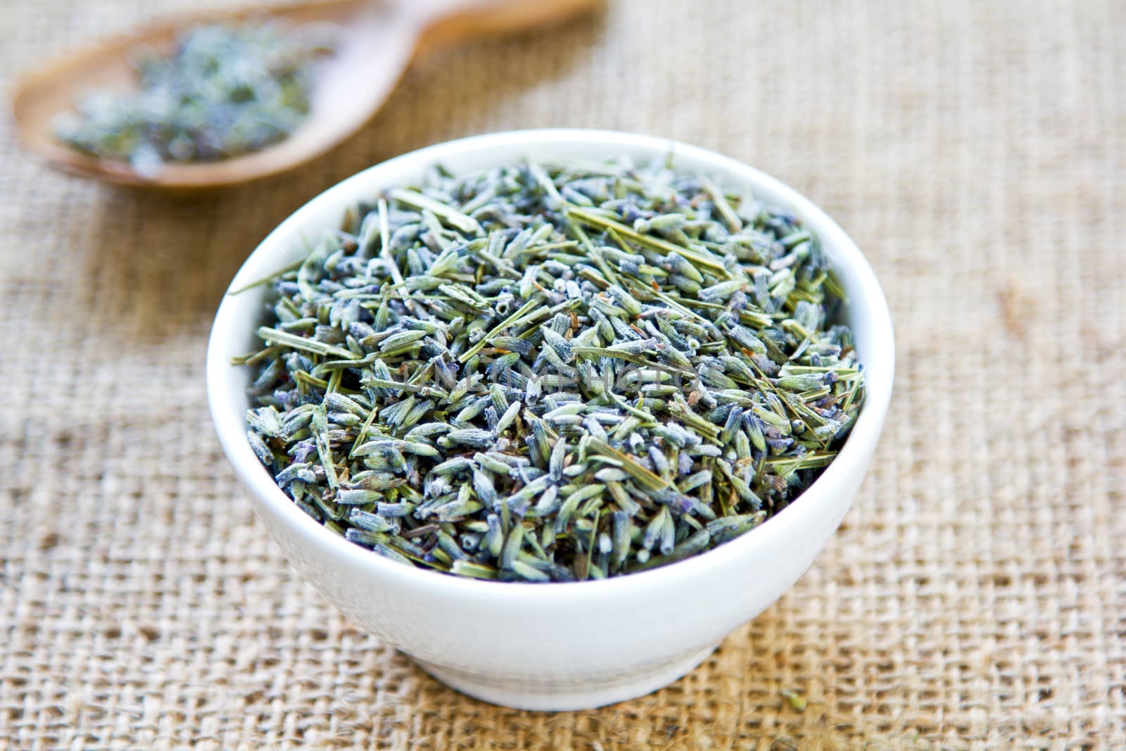 Dried Lavender ( Lavandula ) in a small bowl