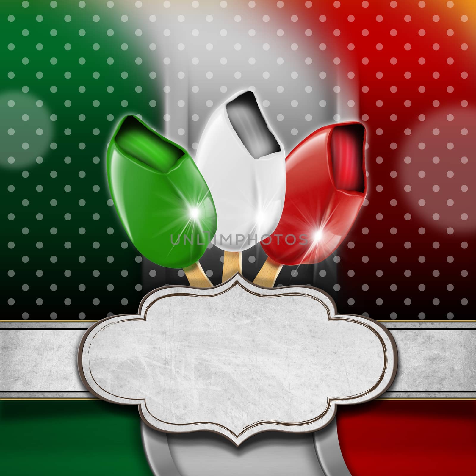 Background with italian flag, three ice creams with stick and empty label. Template for an Italian ice cream menu