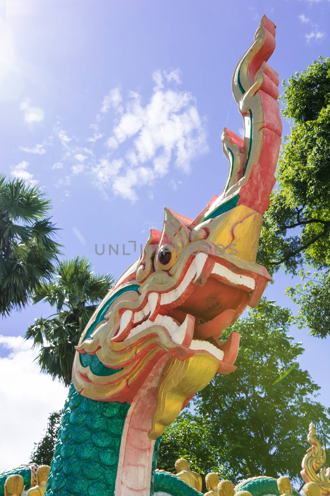 the thai dragon under the blue sky at local thai temple