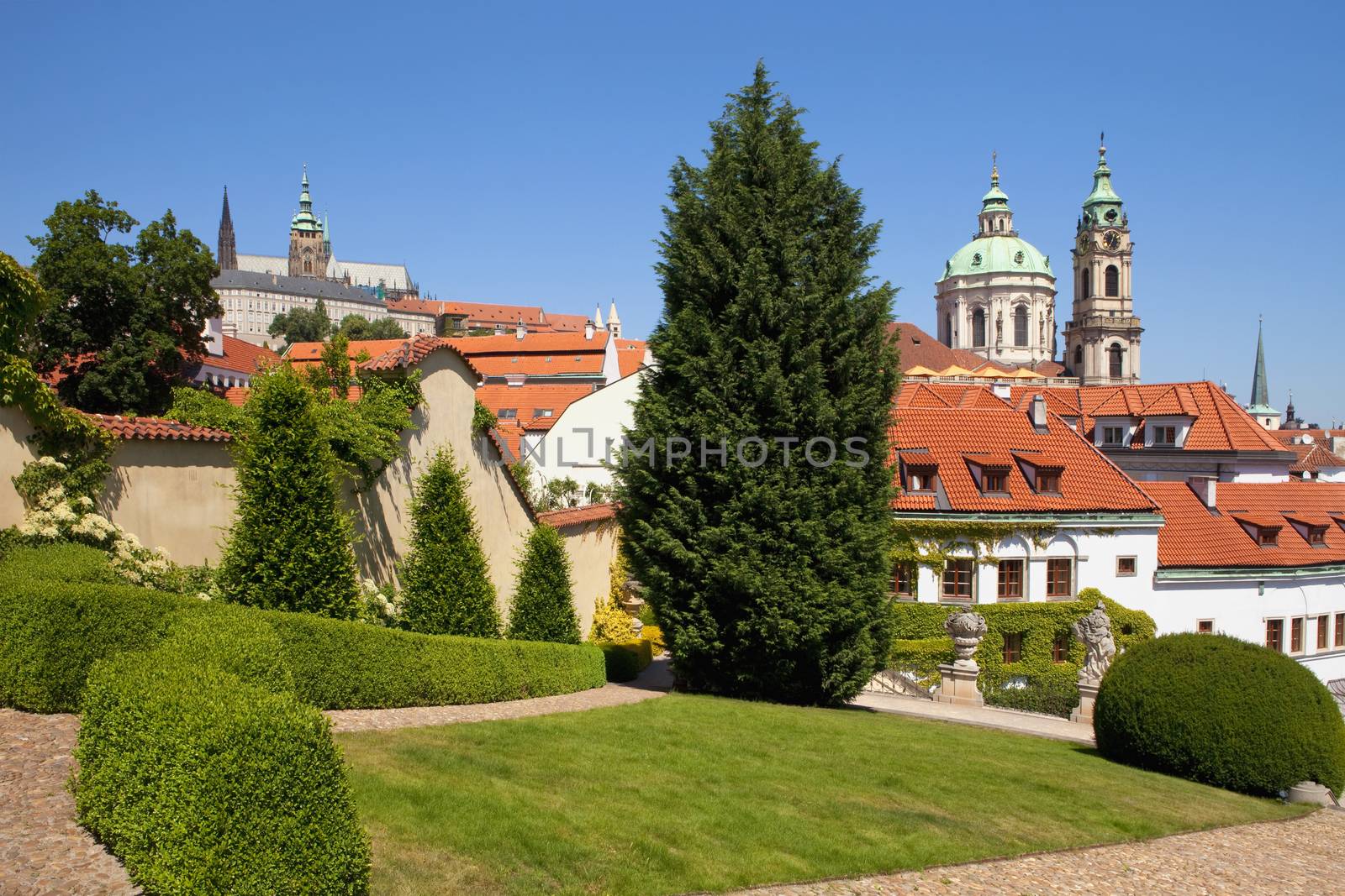 czech republic, prague - 18th century vrtba garden (vrtbovska zahrada) and st. nicholas church