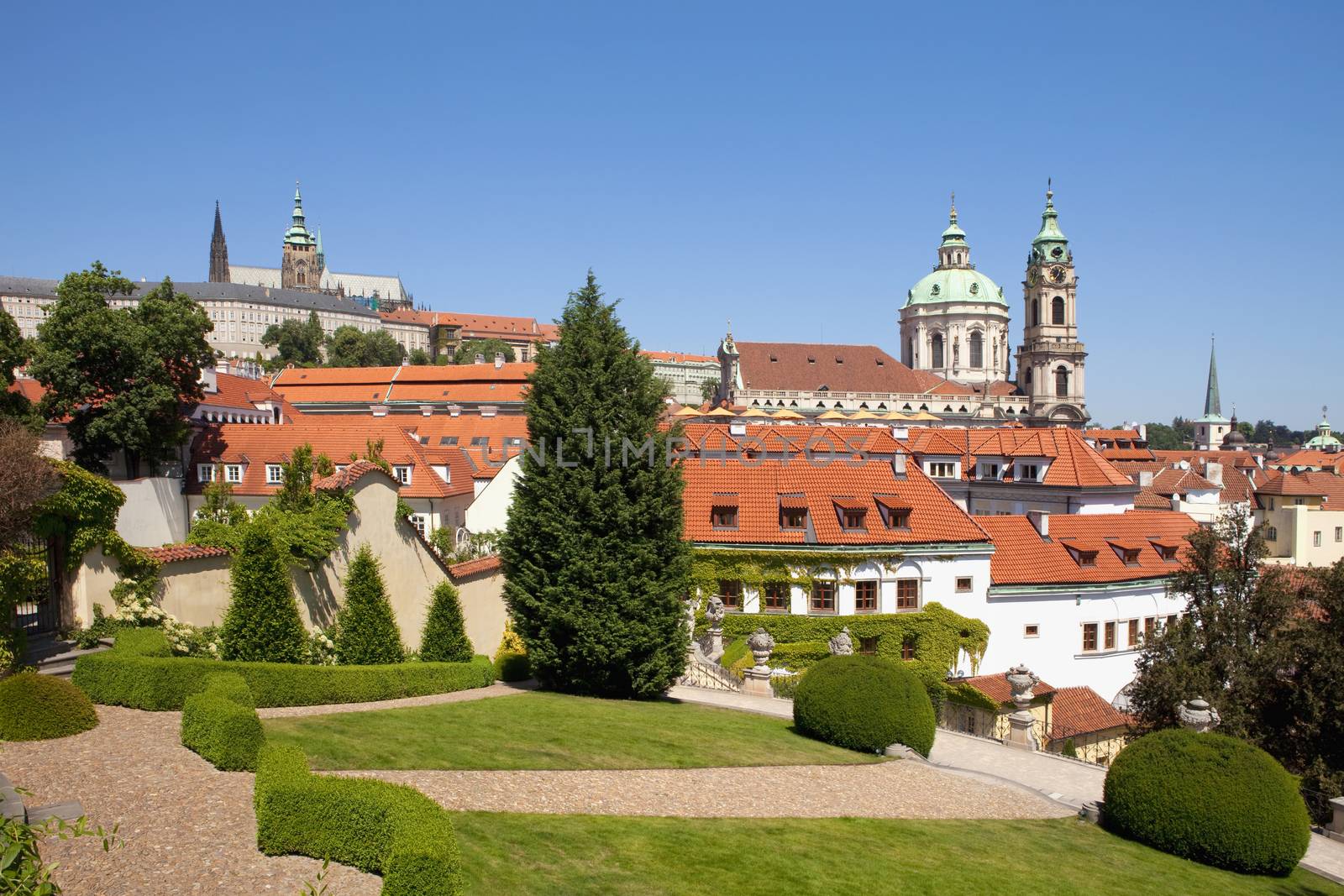 czech republic, prague - 18th century vrtba garden (vrtbovska zahrada) and st. nicholas church