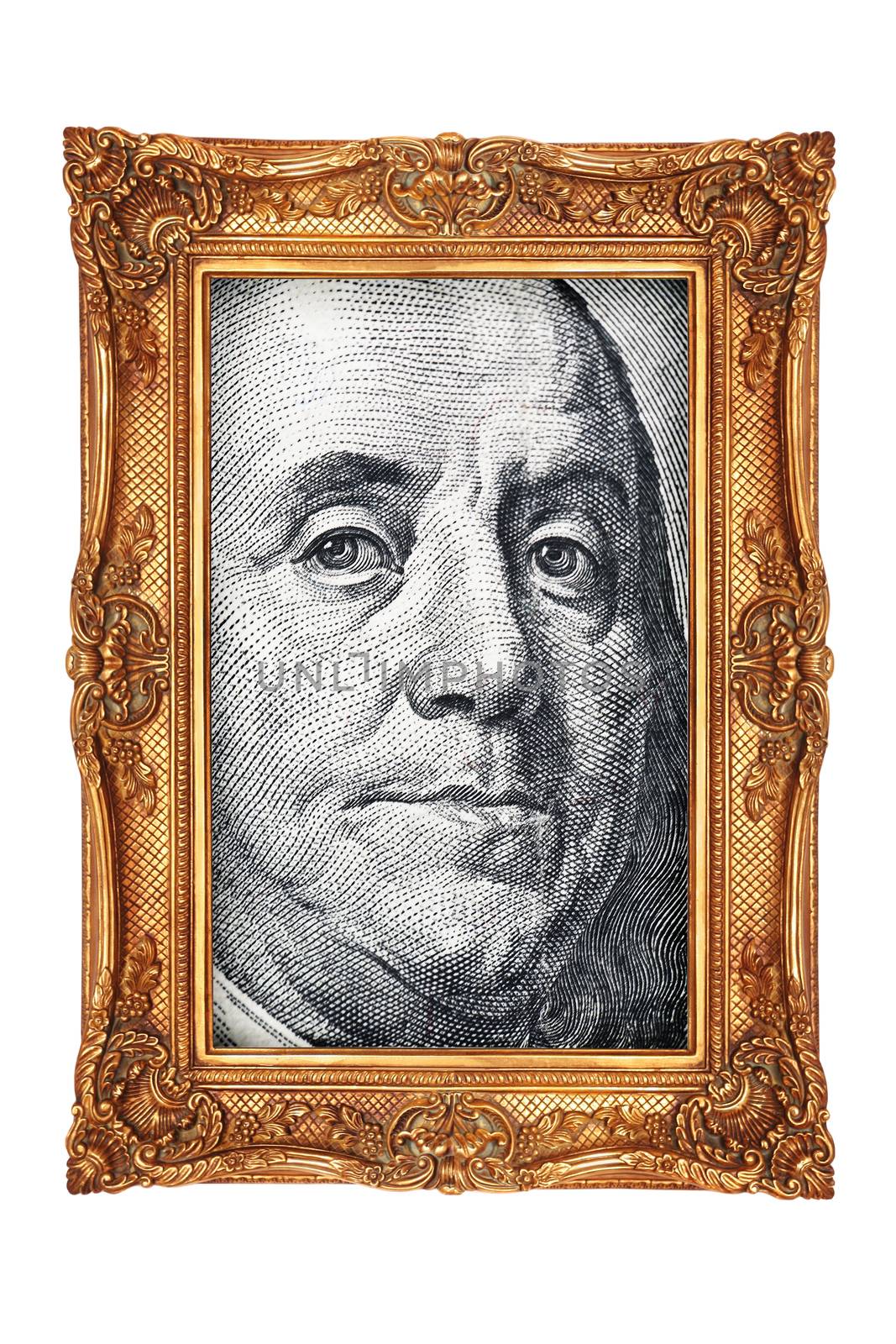 Portrait from hundred dollar banknotes in gold frame