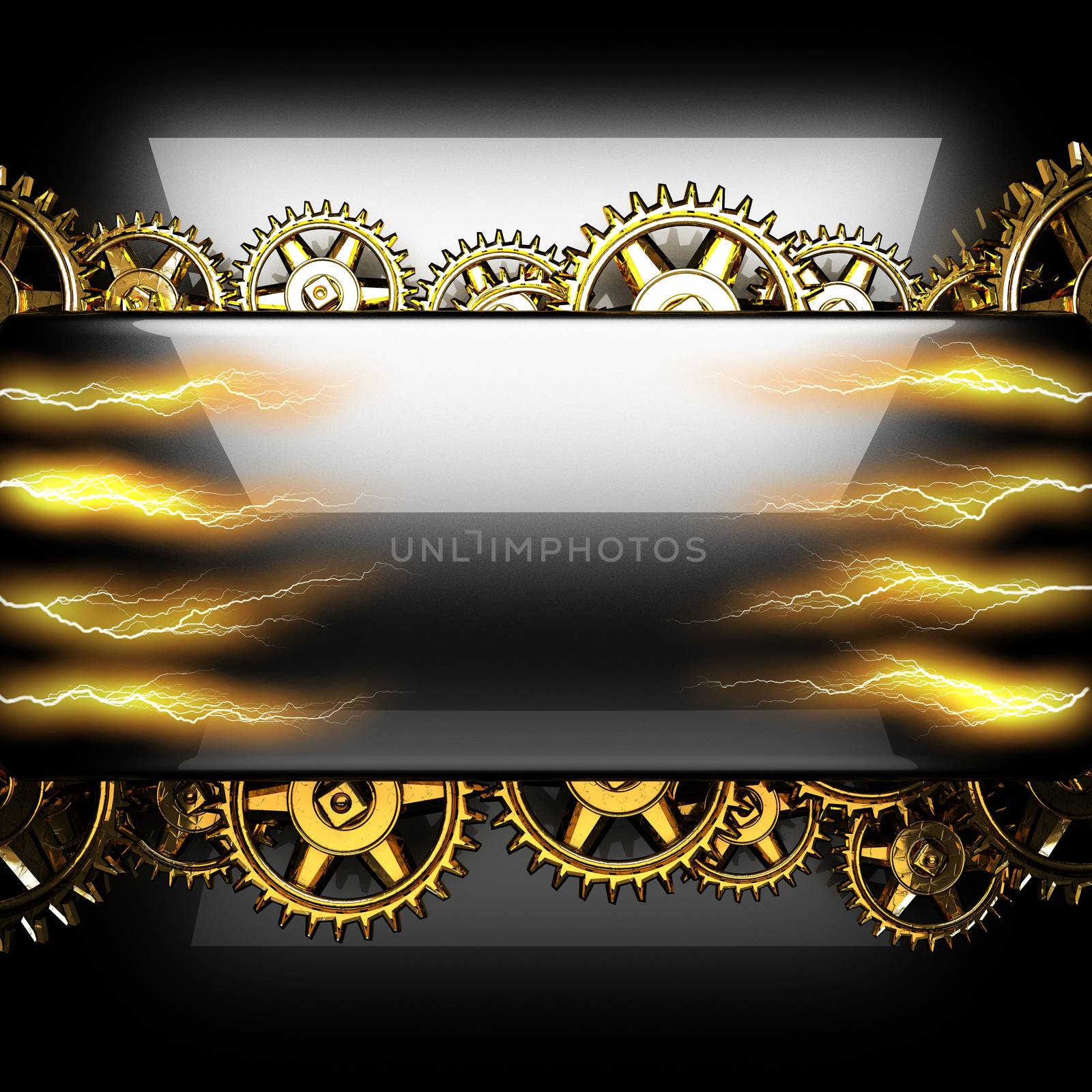 metal background with cogwheel gears and electric lightning by videodoctor