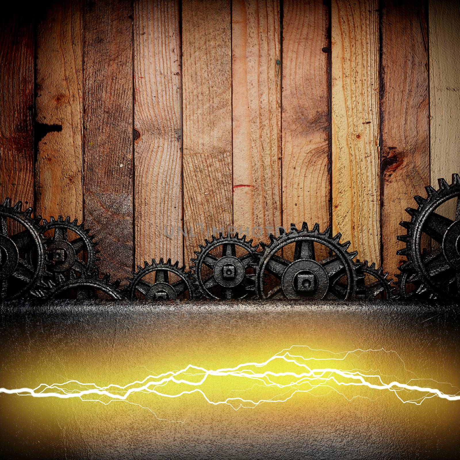 wooden background with cogwheel gears and electric lightning