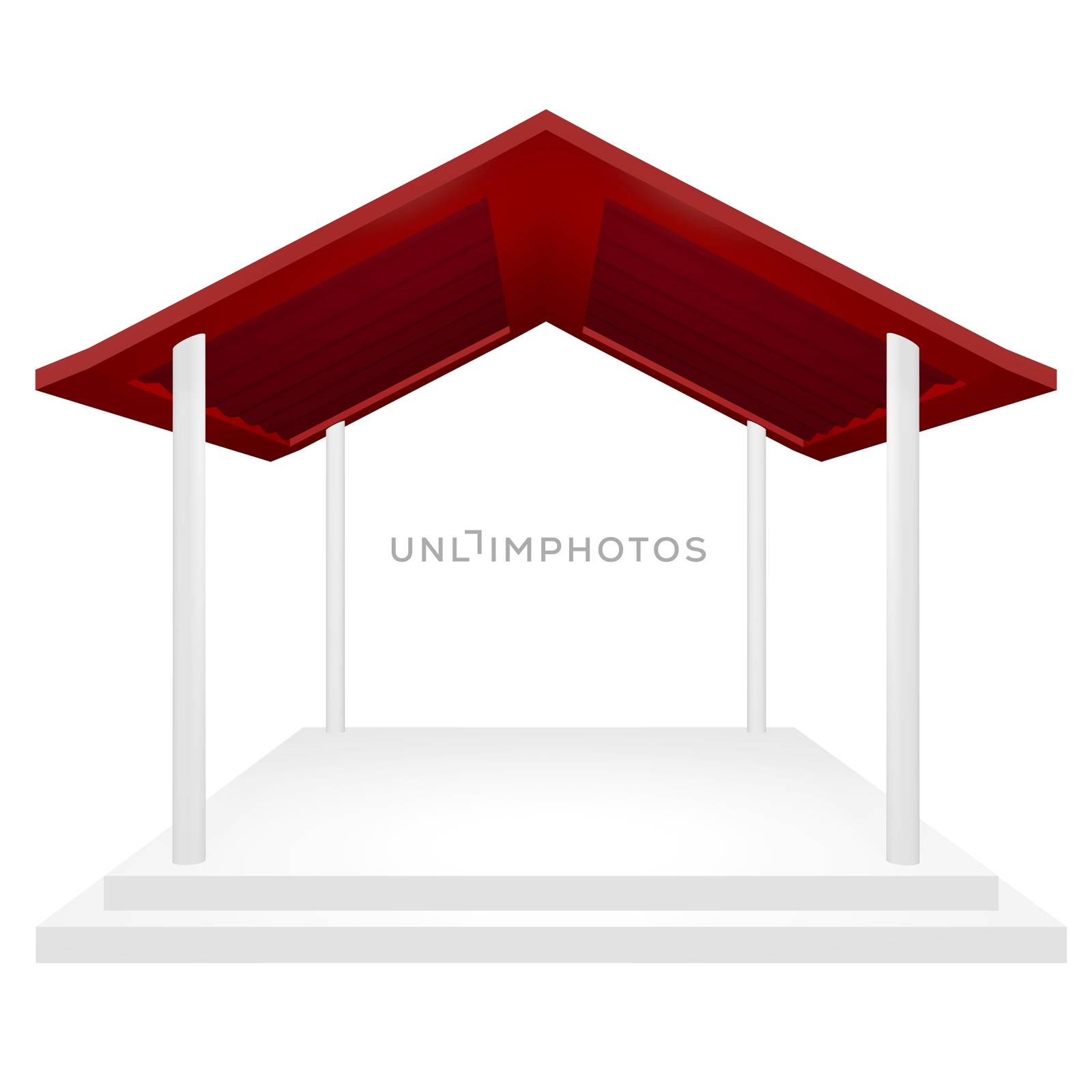 Award ceremony or presentation podium with red roof, and four pillars. This 3d gazebo or rain shelter type structure can be used for protection and coverage concepts, in addition to a product display or award and exhibition platform.
