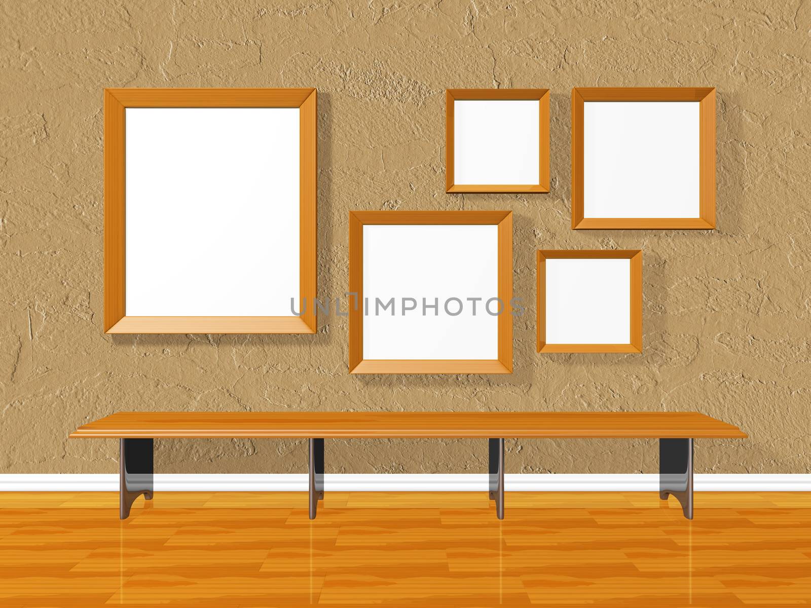 A 3D render of a art gallery scene with empty picture or photo wooden frames on a textured brown wall, and wooden floor. There is also a long table by the wall
