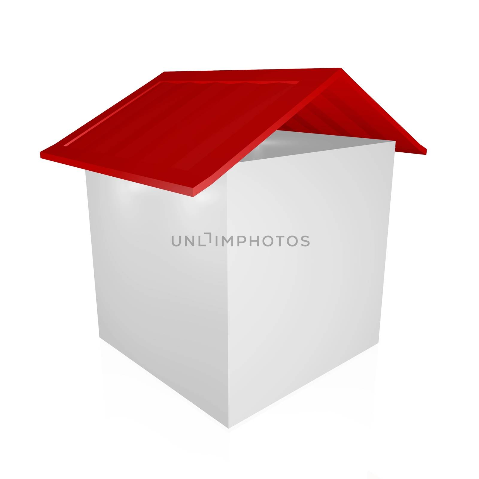 House made with a simple white cube and a red slanting roof. Ideal for housing finance, real estate, home loans and mortgage concepts
