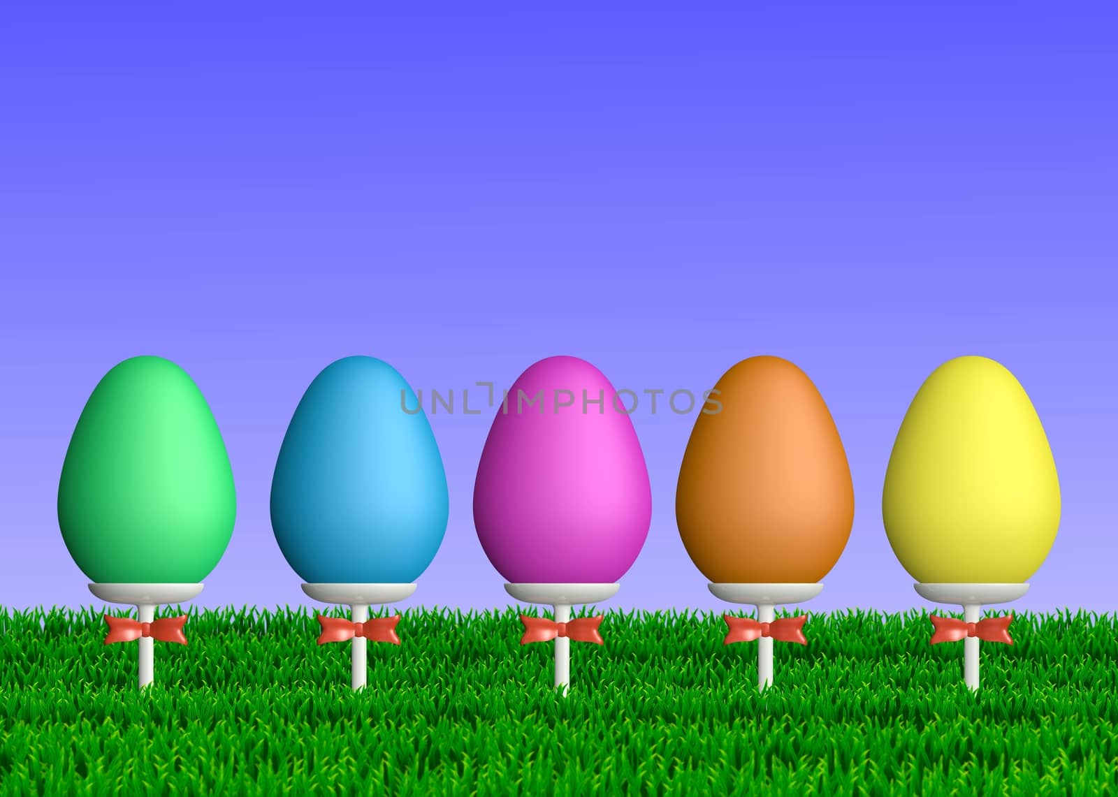 Row of colorful Easter eggs on ceramic sticks with ribbon bows placed in green grass. 
