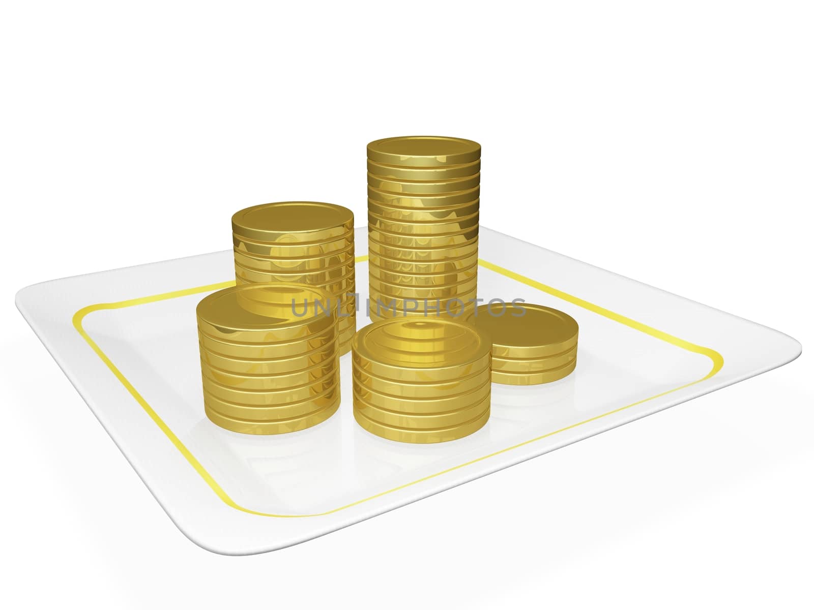 Stacks of gold coins arranged in a growth pattern on a ceramic platter. Ideal for use in business and financial growth concepts. 
