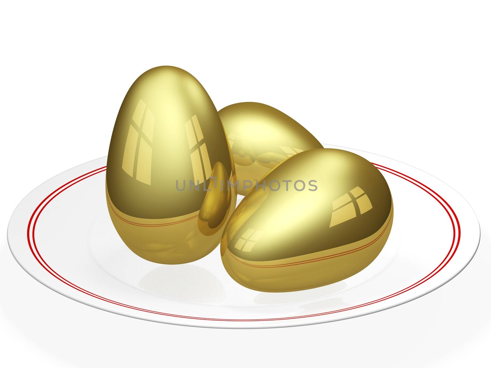 Three gold eggs kept in a ceramic dining plate. Can be used for concepts of health as well as wealth
