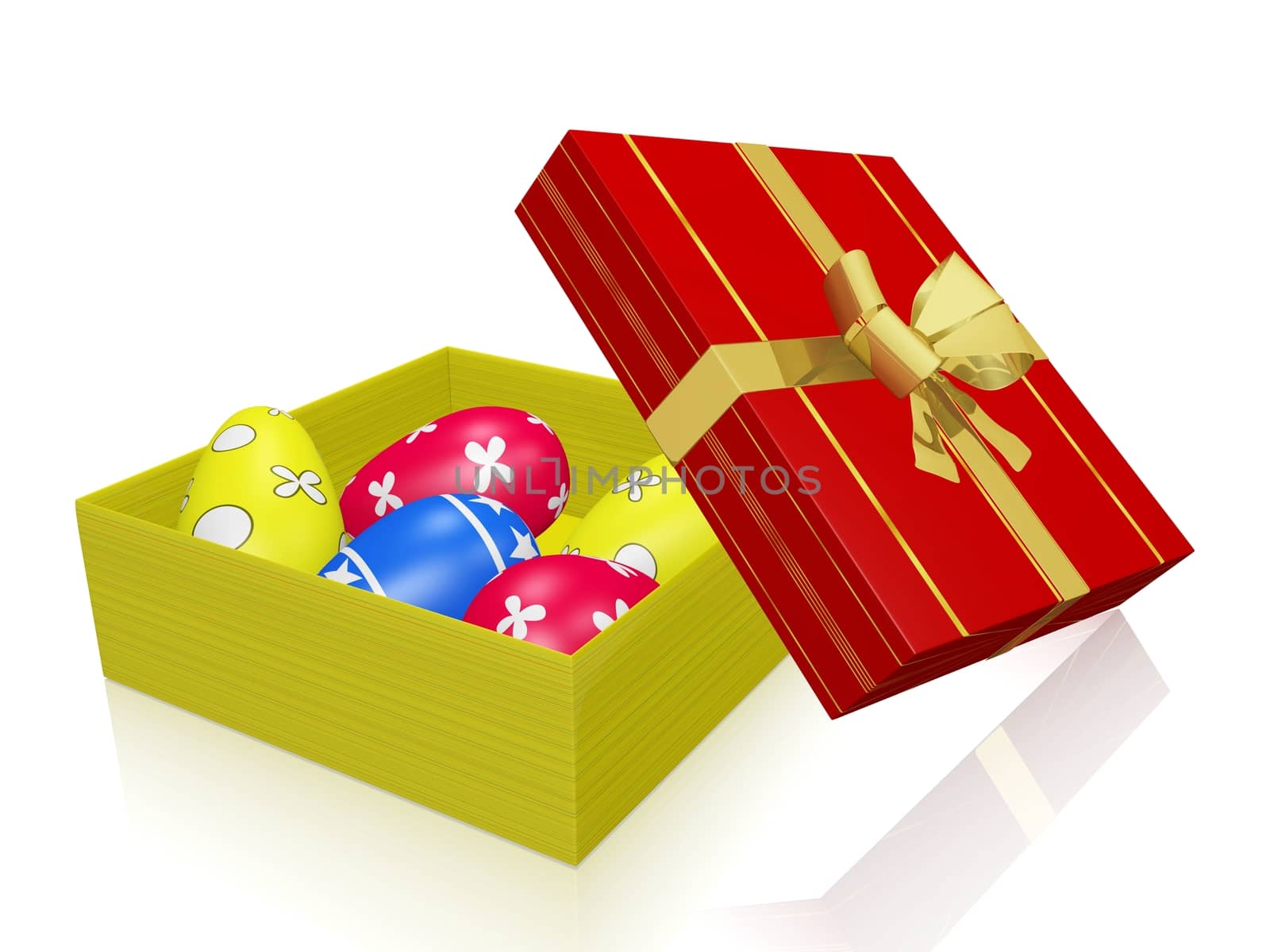 Easter gift box, 3d illustration, full if painted colorful Easter eggs, with a golden bow ribbon on the lid of the box.  
