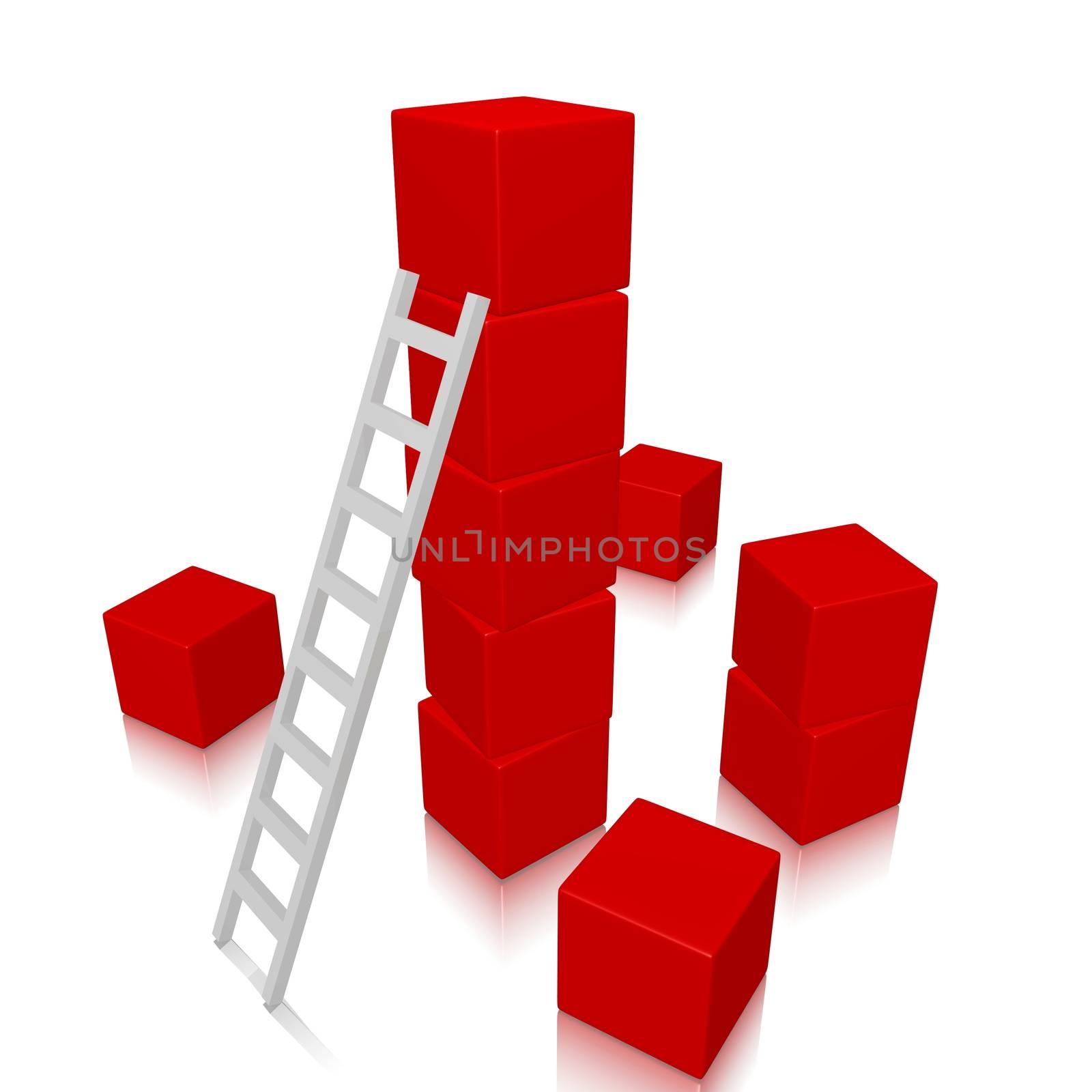 A white ladder against a tall stack of red 3d cubes, with some cubes scattered on the floor. Can be used for success, achievement, organizing, building and progress concepts.
