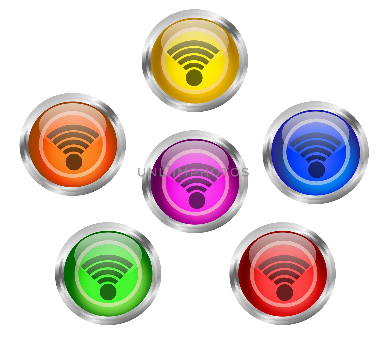Set of shiny WIFI wireless internet connectivity round web icon buttons in six different colors - yellow, orange, red, green, pink blue, with silver or chrome metallic rim.
