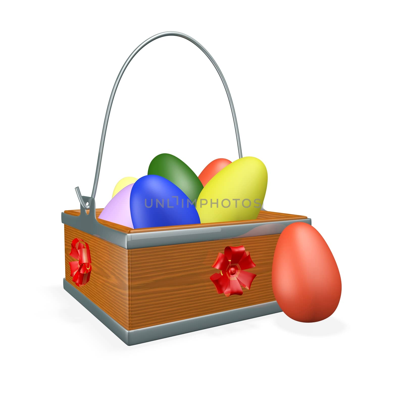 A 3D square wooden basket with steel handle, decorated with ribbon bows, filled with colorful painted Easter eggs. 
