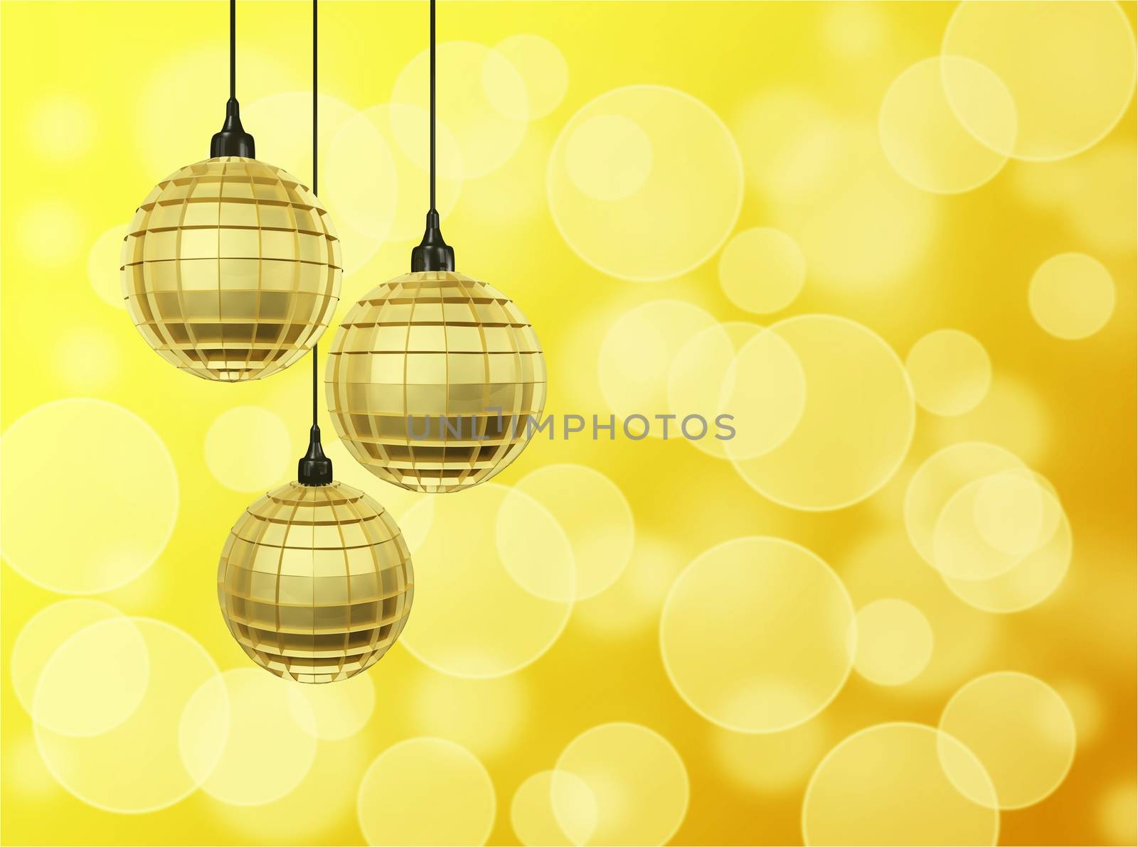 Three golden disco balls or baubles against a bokeh background with copyspace. Ideal for brochures, flyers or event list of entertainment programs. Can also be used as background for dance party invitations. 
