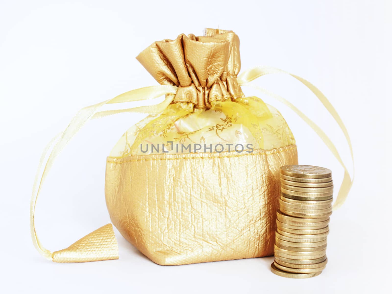 Golden Money Bag with Stack of Gold Coins by RichieThakur