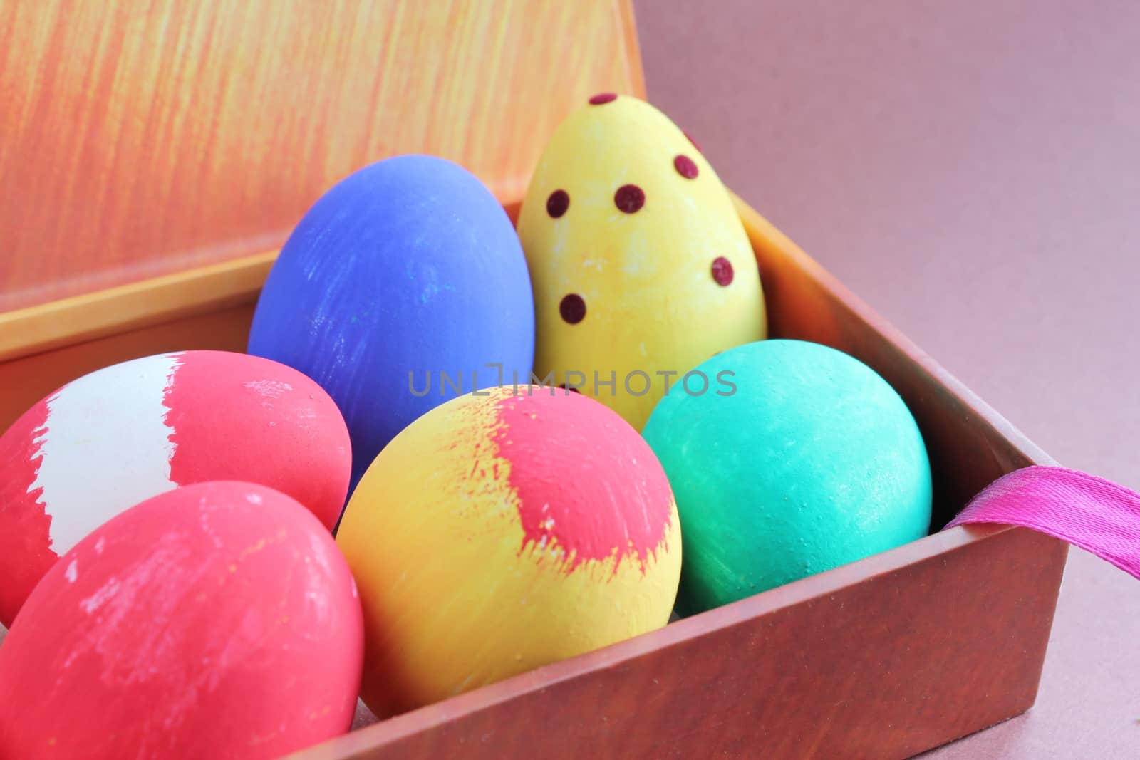 Colorful painted Easter eggs on a gift box.
