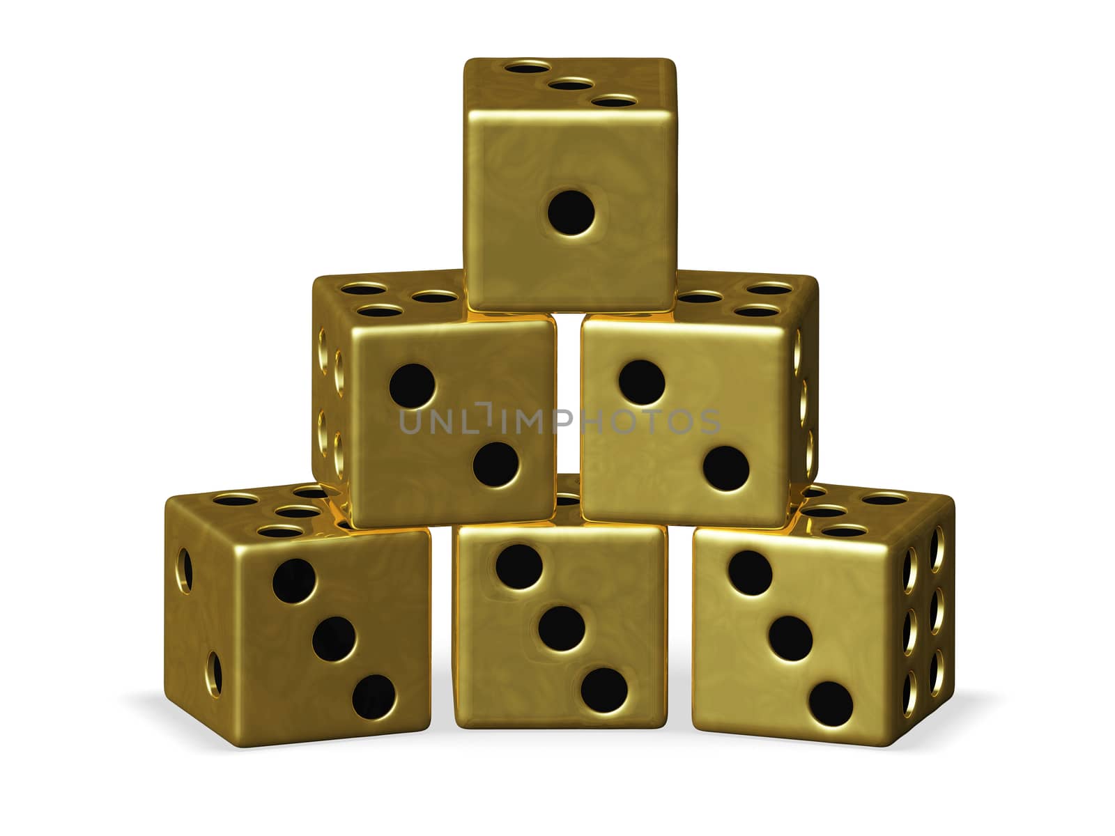 Gold casino playing dice stack arranged in a pyramid shape in increasing order, from top to bottom. Can be used for casino, gambling and winning concepts.
