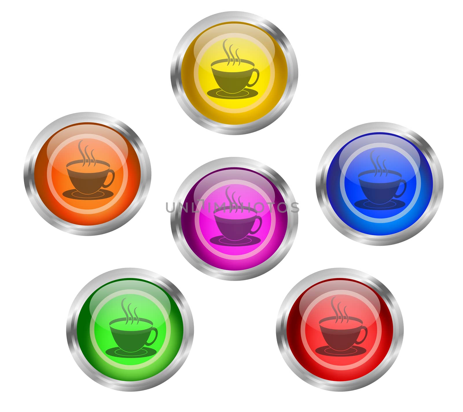 Set of shiny tea or coffee cup round web icon buttons in six different colors - yellow, orange, red, green, pink blue, with silver or chrome metallic rim. Can be used on menu and banners of caf� and restaurant.
