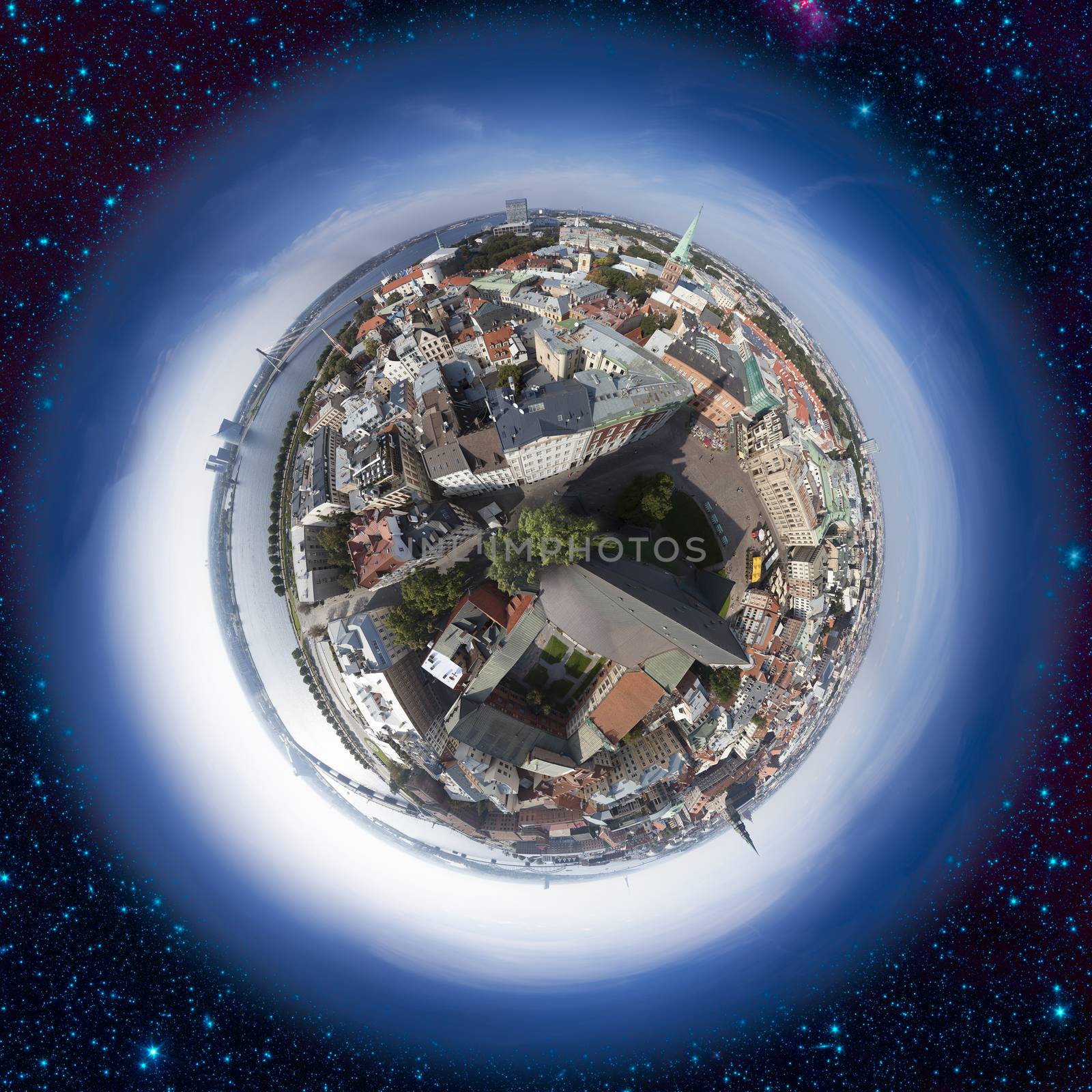 Riga old town skyline view from above, 360 degree miniplanet (Elements of this image furnished by NASA)