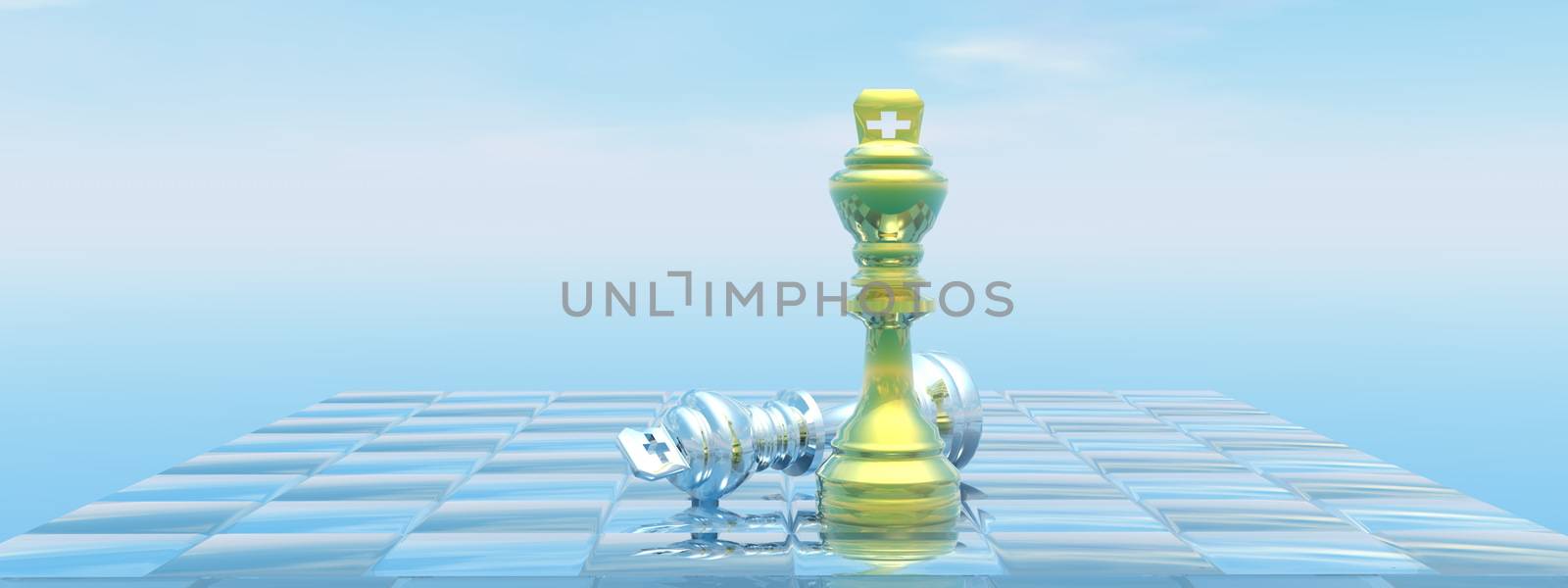 Chessboard with kings, one chackmate and blue sky - 3D render