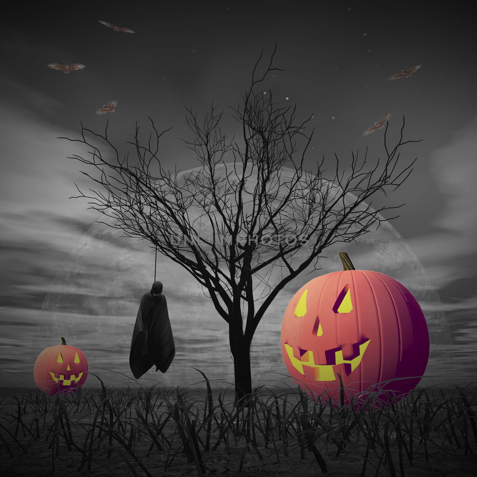 Halloween scenery with pumpkins, tombstones and corpse hanging on dead tree by full moon night, black background and colorful objects - 3D render