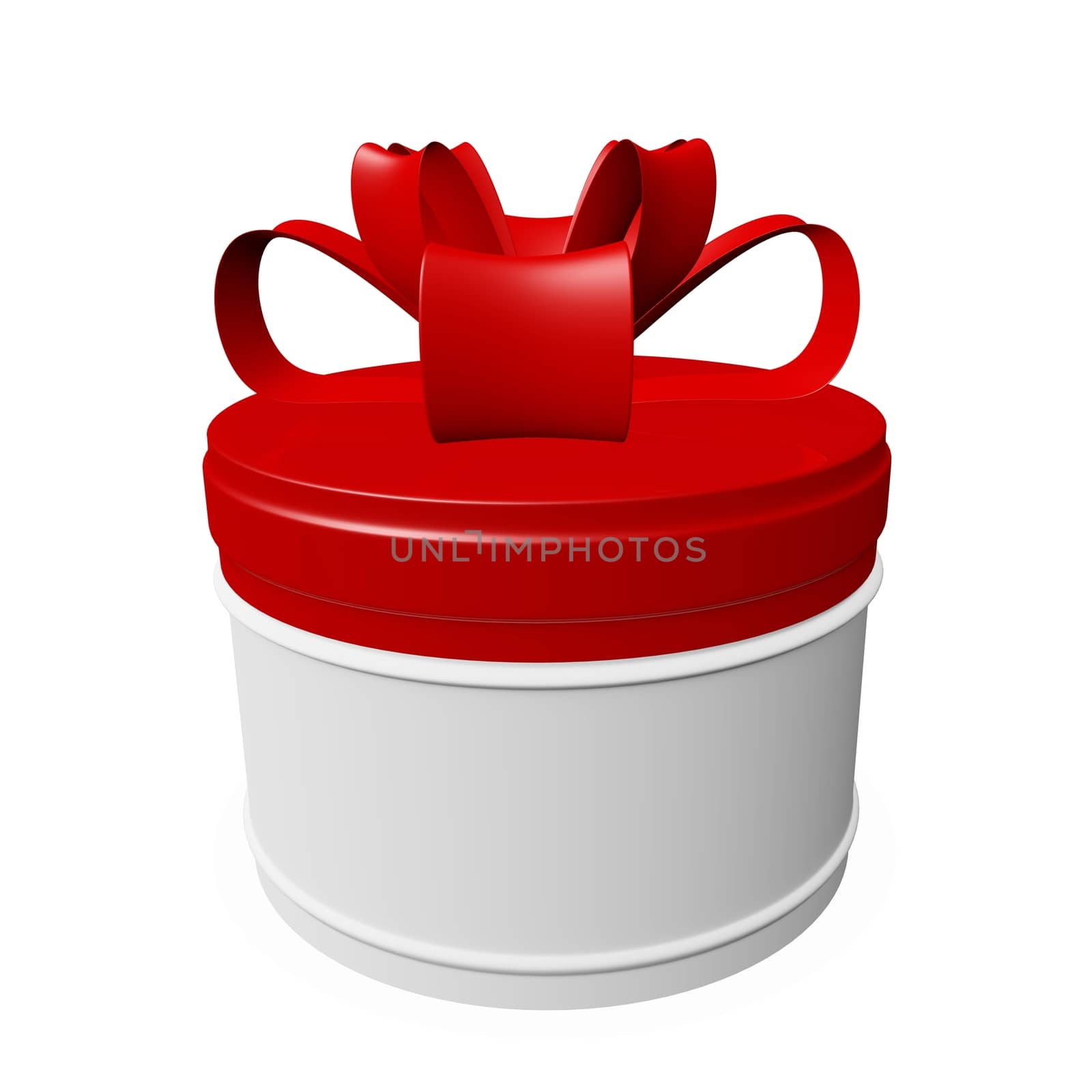 A round white 3d gift box, with red lid and a red ribbon bow, isolated on white. The empty white space on the box can be used as copyspace to add a label. 
