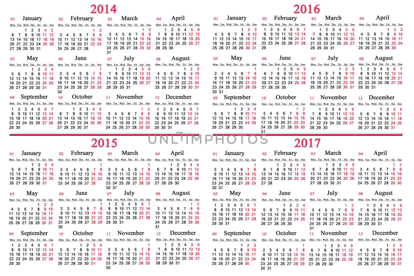 usual calendar for 2014 - 2017 years by alexmak