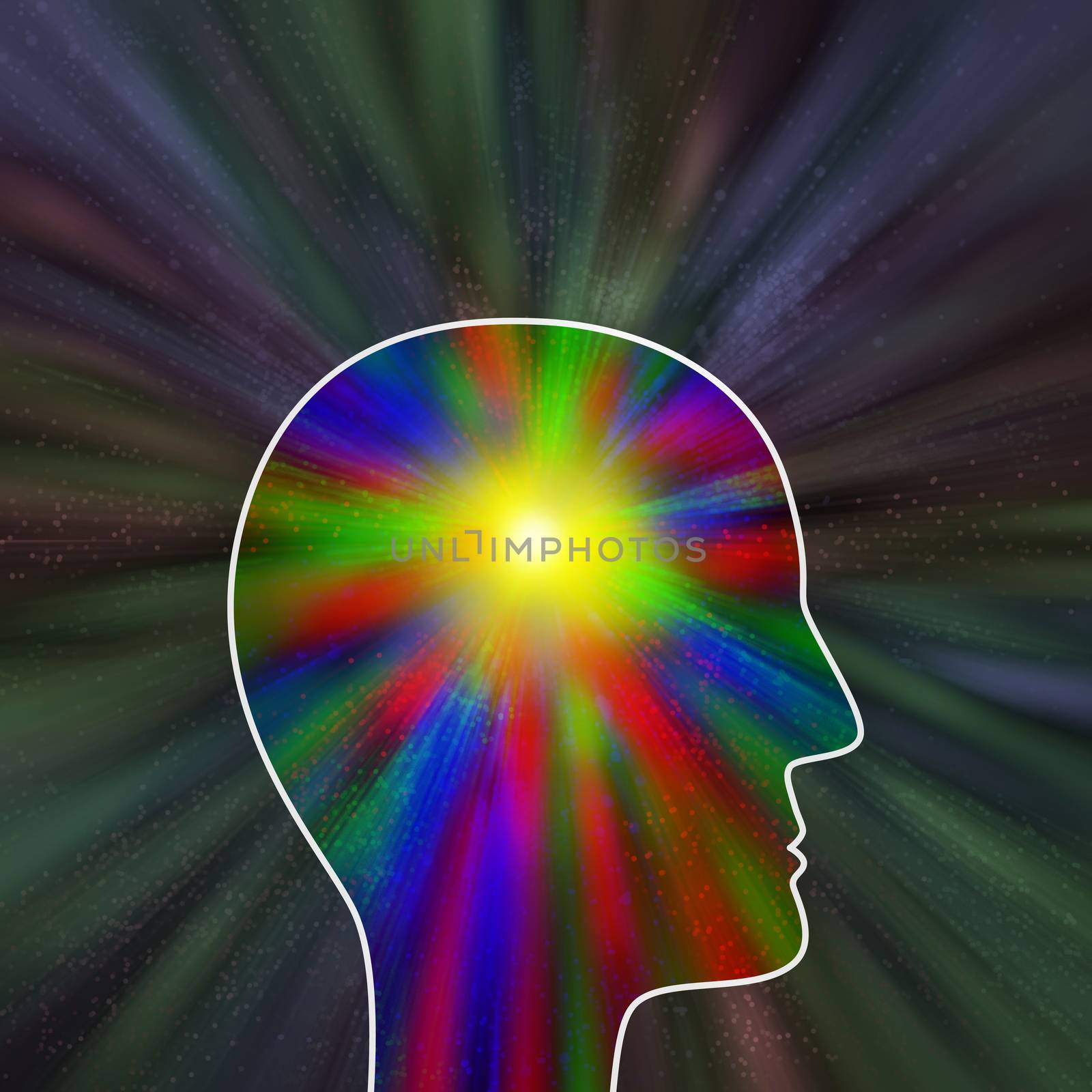 Colorful explosion of thought or pain as suggested by the head profile